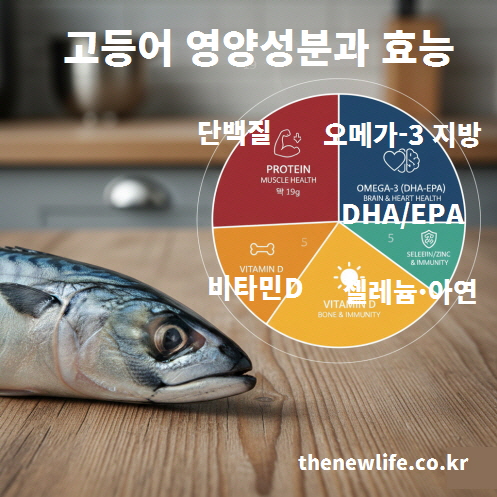 고등어의 단백질, DHA&middot;EPA, 비타민D, 셀레늄&middot;아연 등 영양성분과 각각의 효능을 설명하는 인포그래픽 이미지
