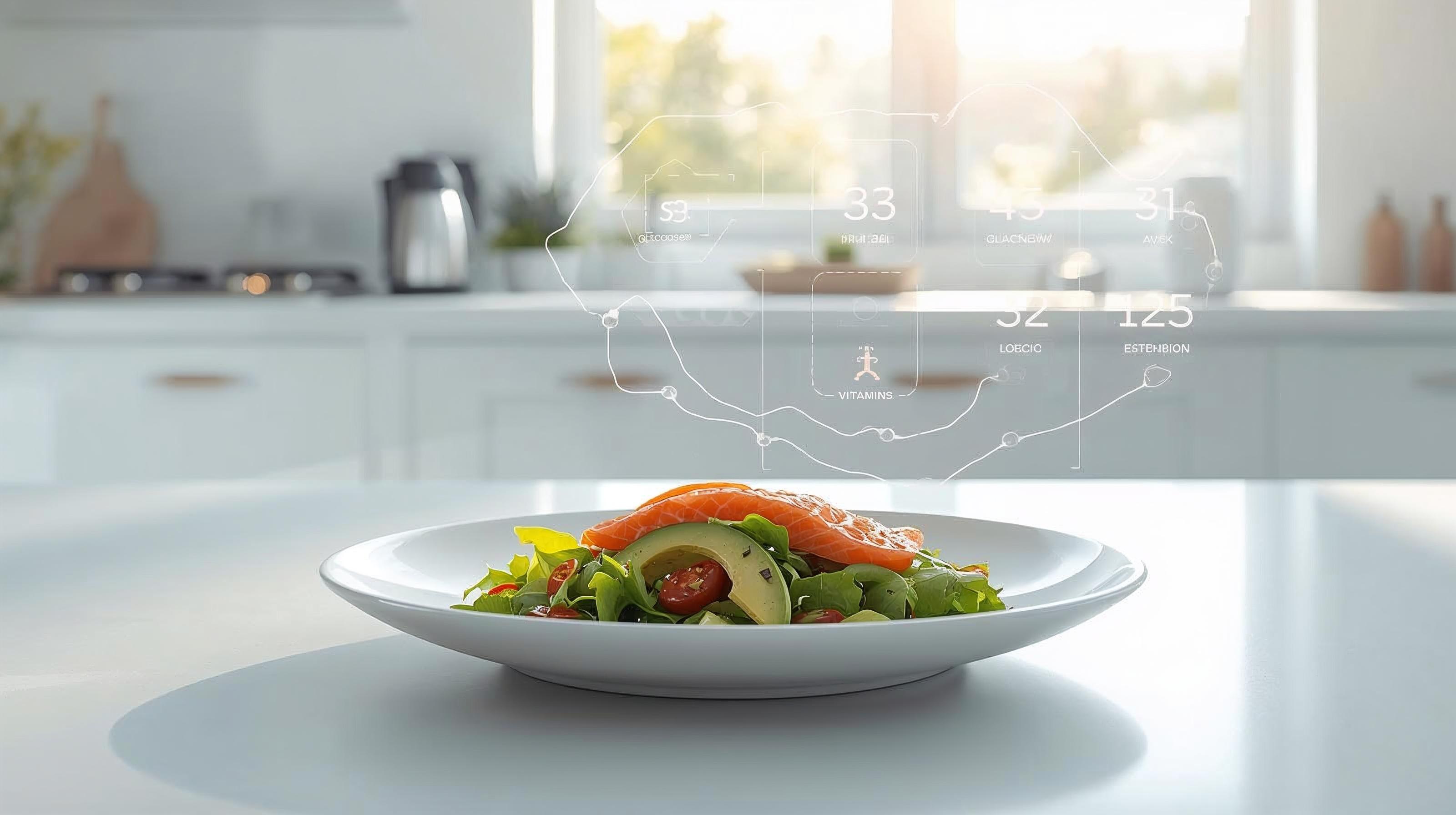 하얀 접시 위에 놓인 연어 아보카도 샐러드와 그 위로 떠오른 AI 영양 분석 인터페이스 데이터 레이어 이미지. 깨끗하고 현대적인 주방 배경.