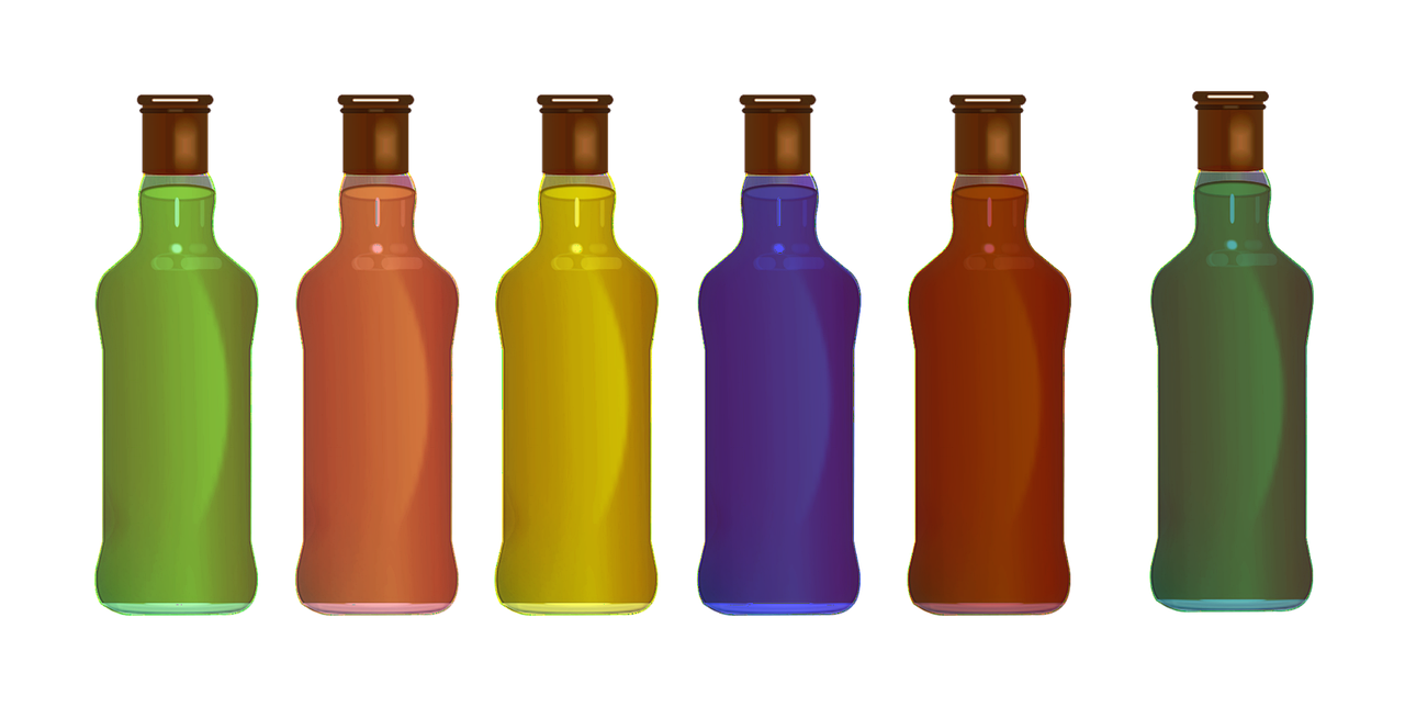 다양한 컬러의 병들이 놓여있는 그림