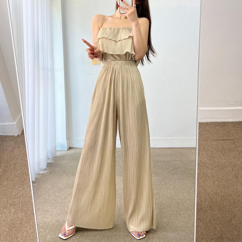 무배set 프릴 캉캉 나시 밴딩 와이드 롱 팬츠 플리츠 투피스 세트