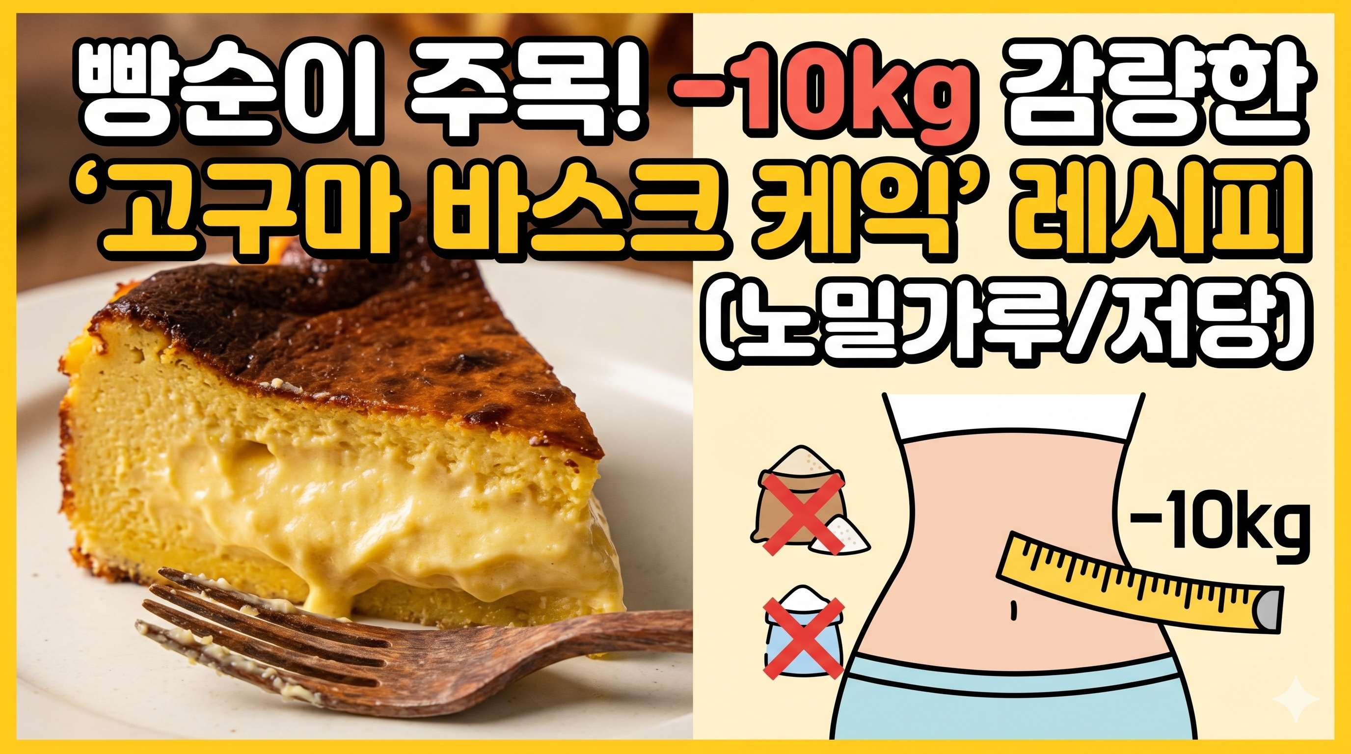 "화면이 반으로 나뉘어 있습니다. 왼쪽에는 포크에 들린 꾸덕하고 달콤해 보이는 고구마 바스크 케이크 조각 클로즈업이, 오른쪽에는 '다이어트 성공'을 상징하는 줄자가 감긴 슬림한 허리 일러스트와 밀가루, 설탕 금지 아이콘이 있습니다. 상단에는 굵은 한글로 '빵순이 주목! -10kg 감량한 '고구마 바스크 케익' 레시피 (노밀가루/저당)'라는 문구가 적혀 있습니다."