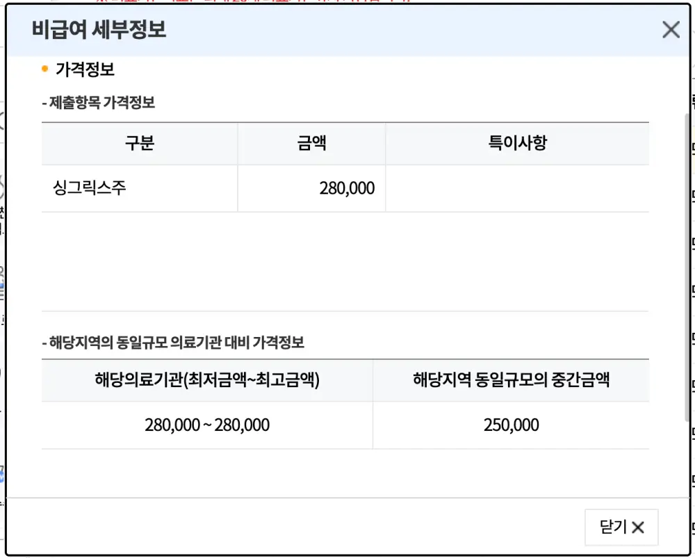 싱그릭스 비급여 세부정보 예시