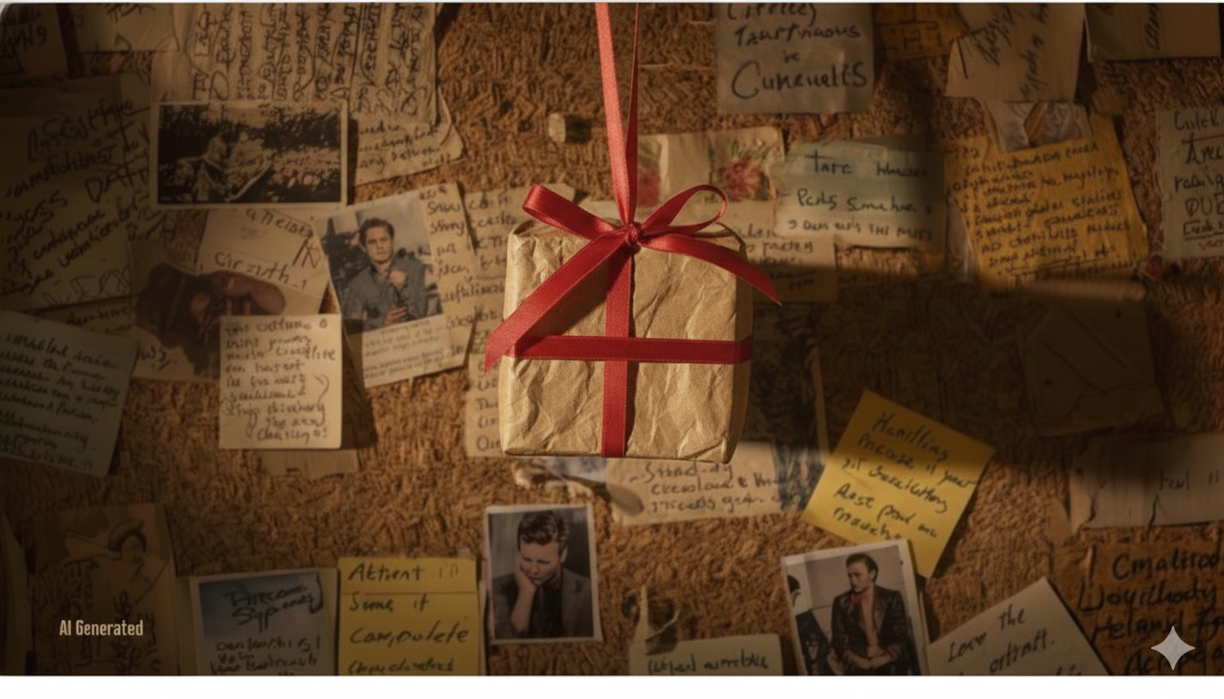 카페 벽면에 수많은 포스트잇들 사이에 걸려 있는, 서툴지만 정성스럽게 포장된 갈색 종이 선물 상자와 빨간 리본.