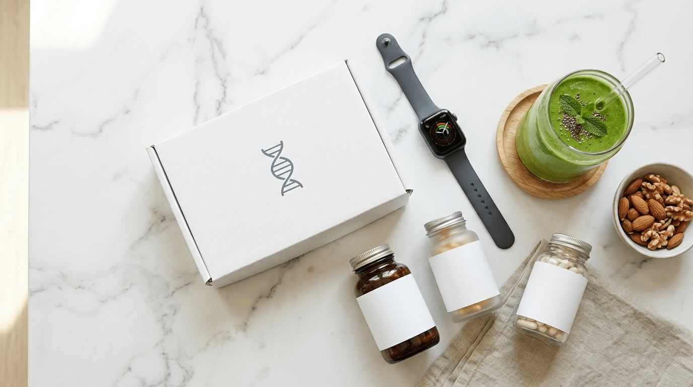 유전자 검사 키트와 웨어러블 기기, 건강기능식품이 함께 놓인 라이프스타일 사진