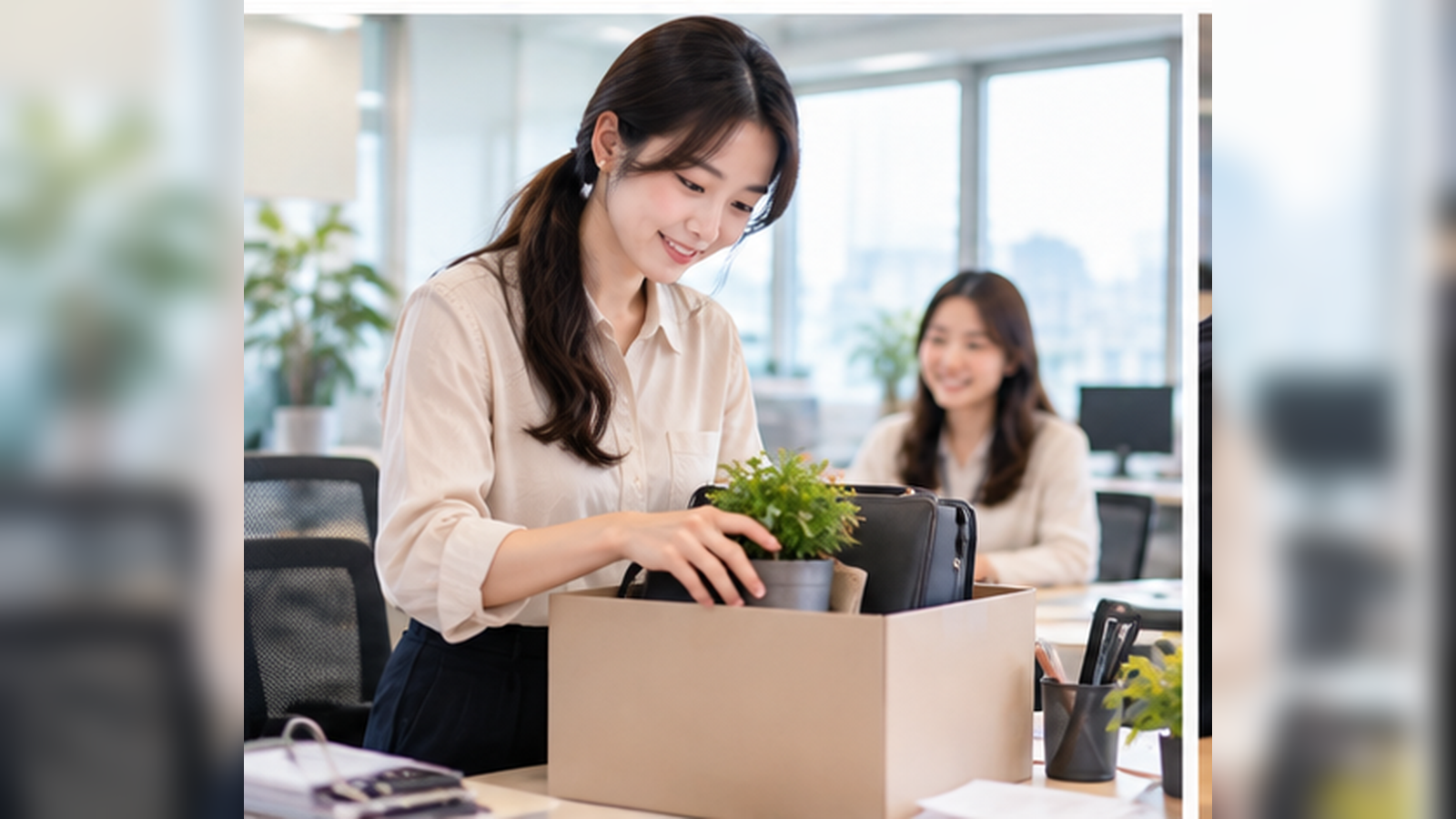 육아휴직 앞둔 여성 직장인의 책상 정리 모습