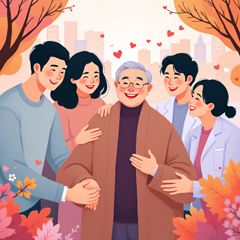 노인이 치매안심센터의 의사와 직원들의 서비스를 받는 따뜻한 모습.