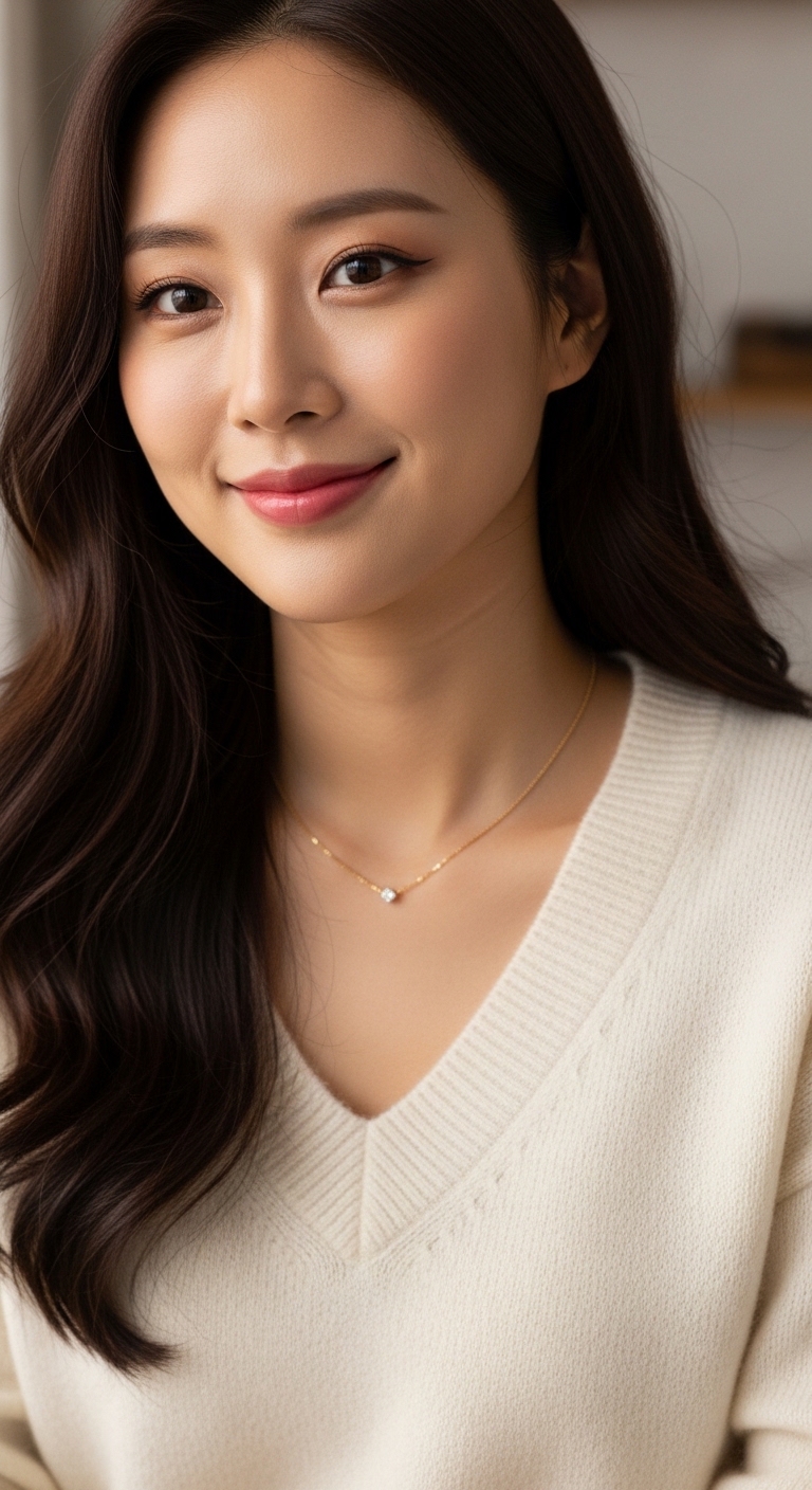 목선이 예쁘게 드러난 브이넥 니트에 얇은 금색 목걸이가 반짝이는 클로즈업 샷.