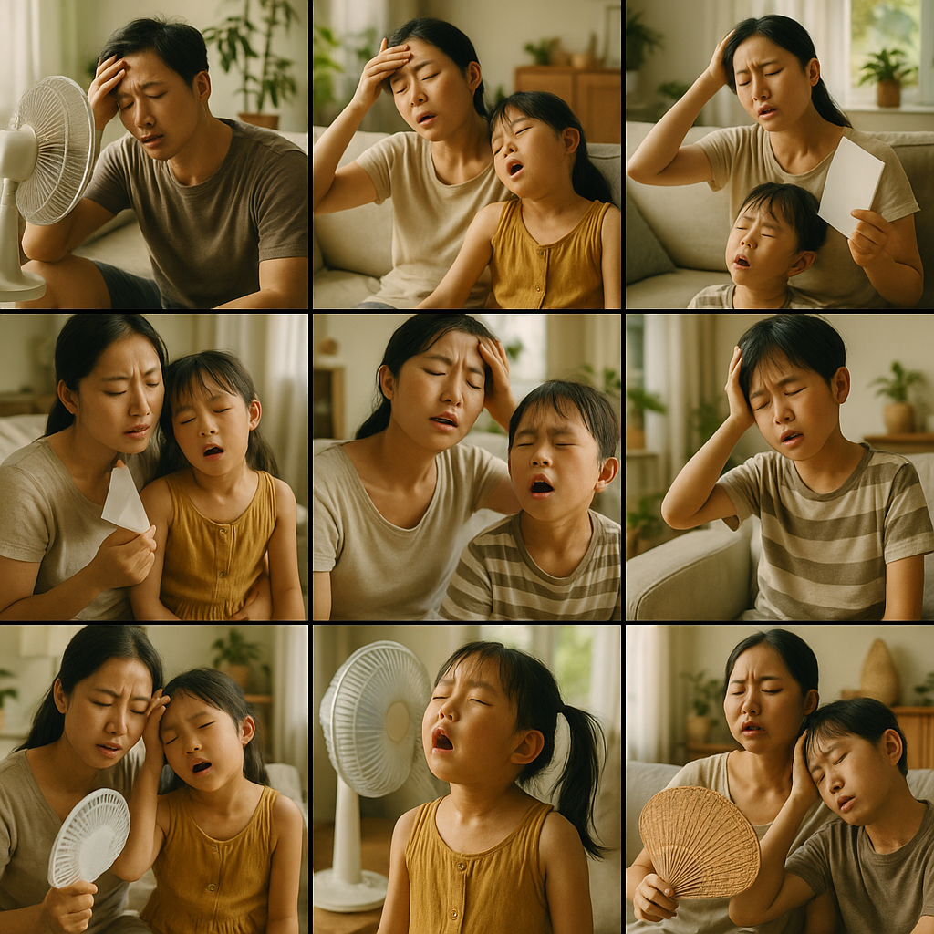 사람들이 폭염과 열섬현상으로 힘들어 하는 모습