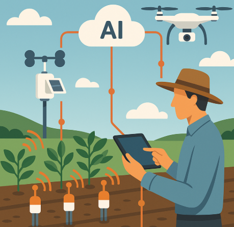 농업용 센서 네트워크를 표현한 인포그래픽. 토양 센서, 기상 센서, 드론이 데이터를 수집하고, 클라우드 AI가 이를 분석해 농민이 스마트 기기로 확인하는 과정을 시각화한 이미지.