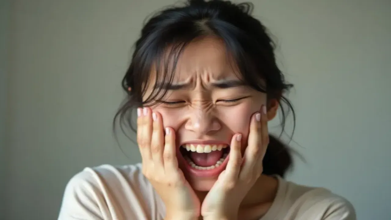 고통스럽게 귀를 막는 젊은 여성