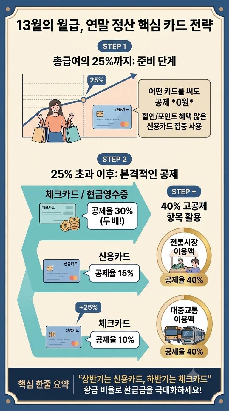 이 이미지는 '13월의 월급, 연말 정산 핵심 카드 전략'이라는 제목 아래, 연간 카드 사용 금액에 따른 소득공제 혜택을 극대화하는 방법을 3단계(STEP 1, STEP 2, STEP +)의 수직 흐름으로 정리한 세로형 인포그래픽 카드입니다. 차분한 미색 배경에 블루와 크림톤의 안정감 있는 색상과 직관적인 아이콘을 사용했습니다.