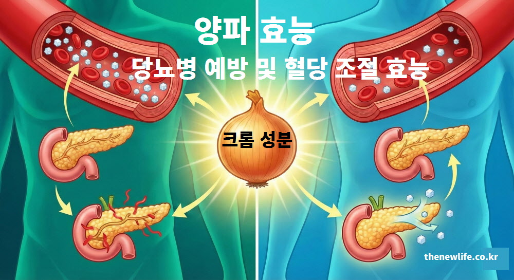 췌장의 인슐린 분비 촉진과 혈당 스파이크 방지를 돕는 크롬 성분의 작용 원리를 설명한 당뇨 관리 양파 효능 인포그래픽