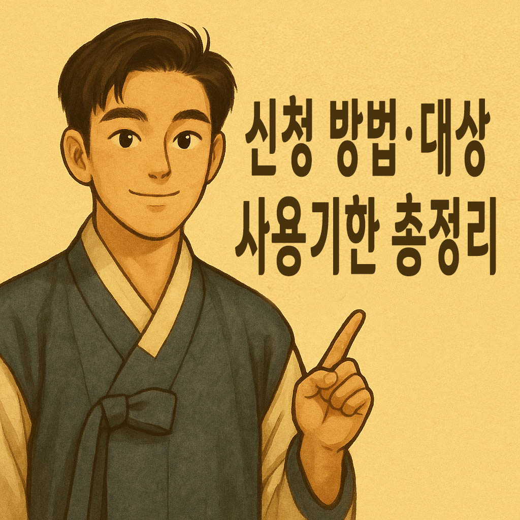 한복 입은 남성이 오른손으로 가리키며 ‘신청 방법·대상·사용기한 총정리’ 문구가 함께 있는 모습, 안내하는 느낌의 일러스트