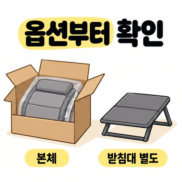 옵션부터 확인 문구와 함께 상자 속 매트 본체와 별도 받침대를 나란히 보여주는 그림