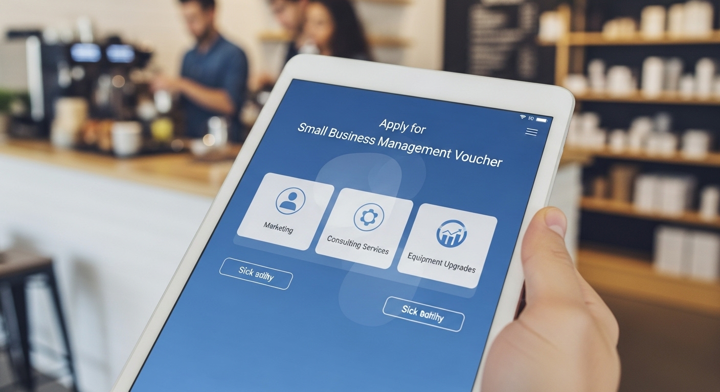 태블릿으로 2026년 소상공인 경영 안정 바우처 신청 화면을 확인하는 모습.