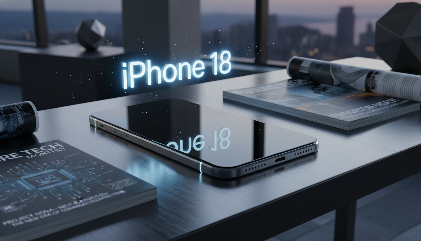 아이폰 18 예상 디자인과 스펙 유출 도면이 있는 현대적인 책상 위 모습