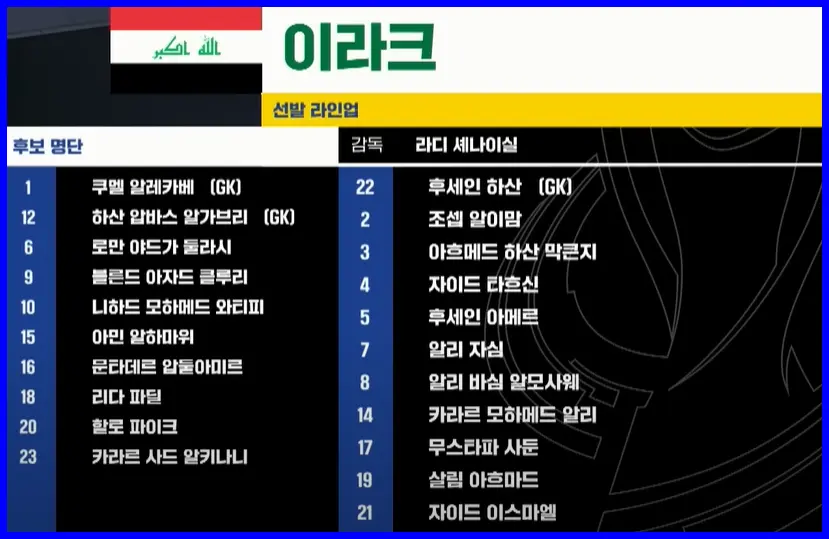 이라크 선발 라인업