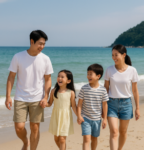바닷가에서 산책하고 있는 가족