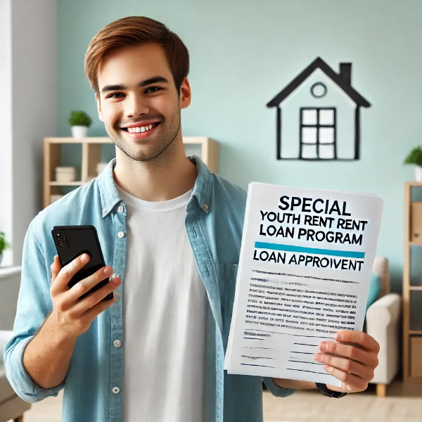 아파트 내부에서 전월세 대출 승인 화면과 계약서를 들고 미소 짓는 젊은 남성의 초고해상도 사진