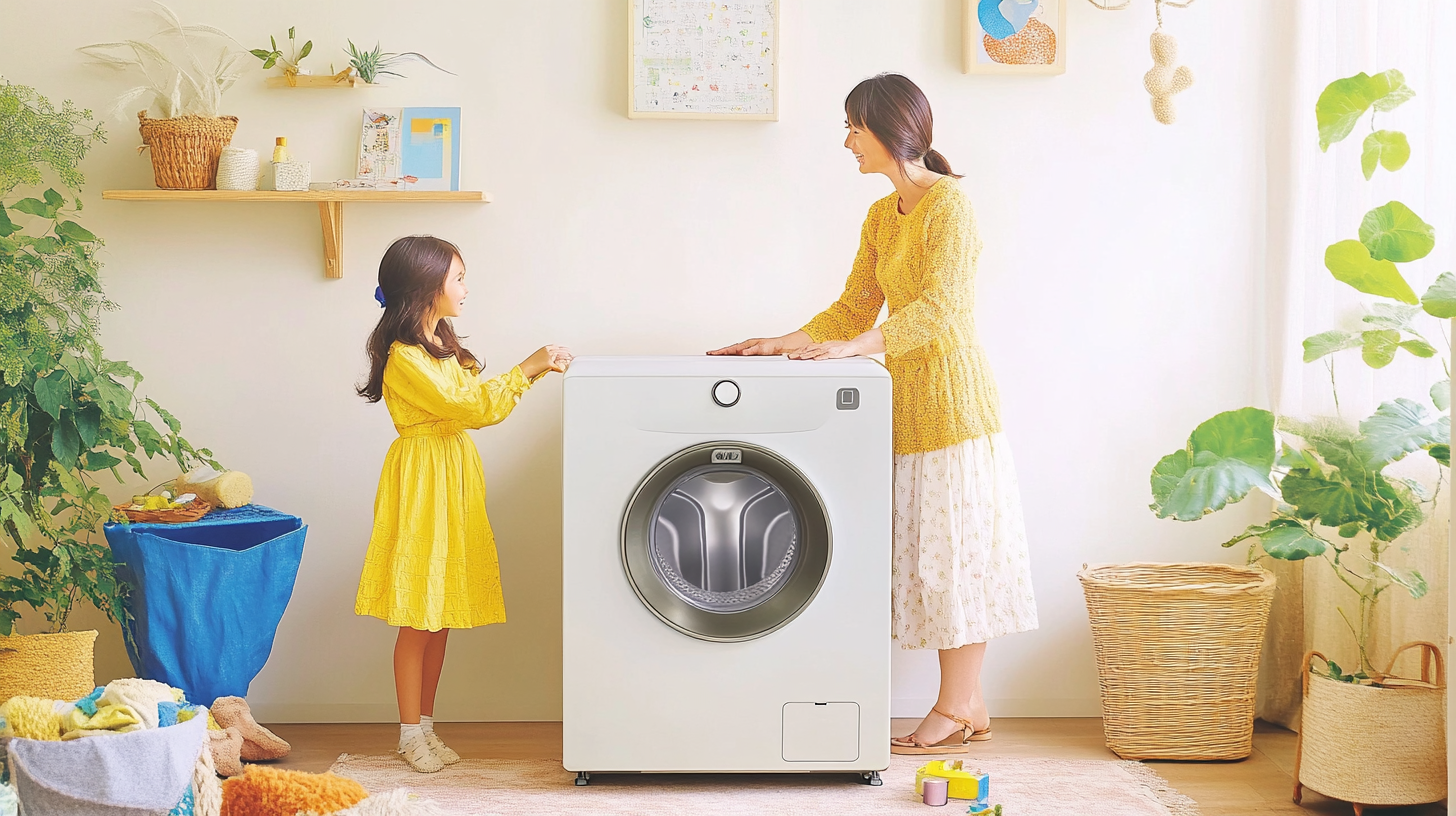 세련된 세탁실에서 가족이 삼성 WF25CB8895BV 세탁기를 감상하는 모습이며, 세탁기가 집 인테리어와 조화를 이루고 있음을 보여주는 이미지입니다.