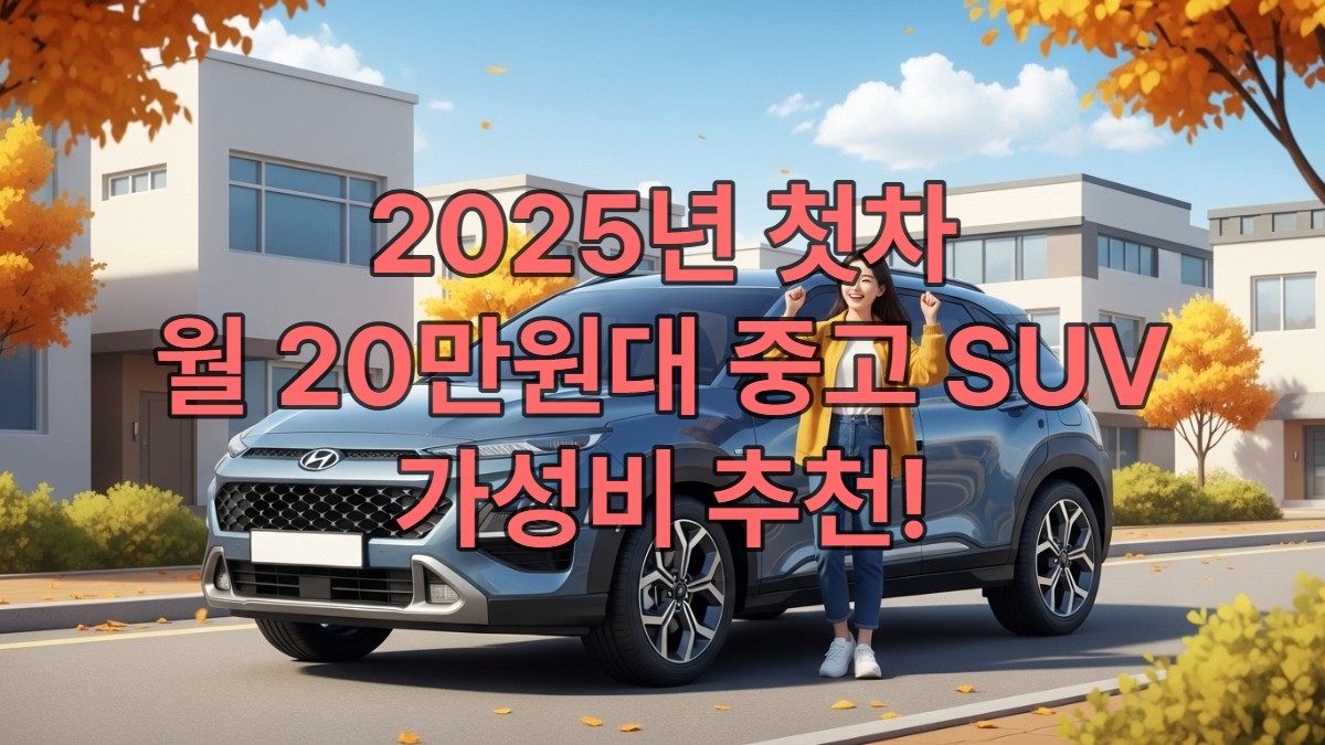 2025년 월 20만원대 예산으로 생애 첫 중고 SUV를 구매하는 젊은 운전자가 세련된 파란색 SUV 옆에서 활짝 웃고 있는 모습.
