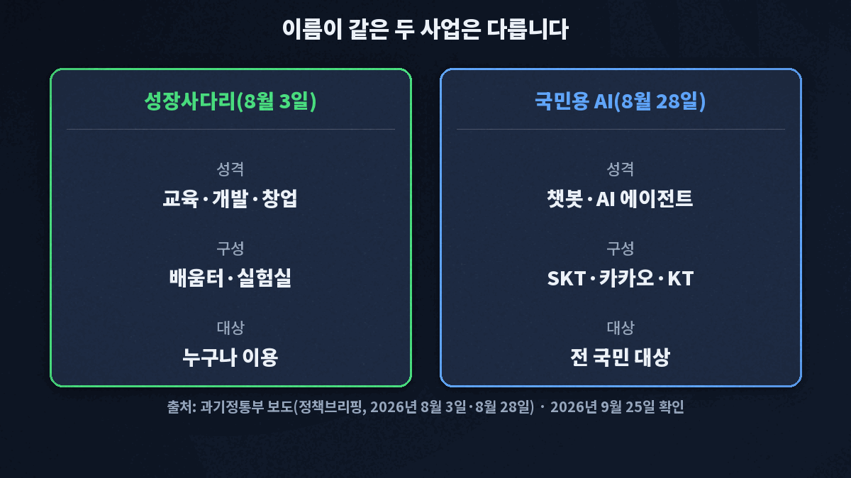 모두의 AI 성장사다리는 교육&middot;개발&middot;창업 지원 사업이고, SKT&middot;카카오&middot;KT 서비스는 국민이 쓰는 챗봇&middot;AI 에이전트라는 구분