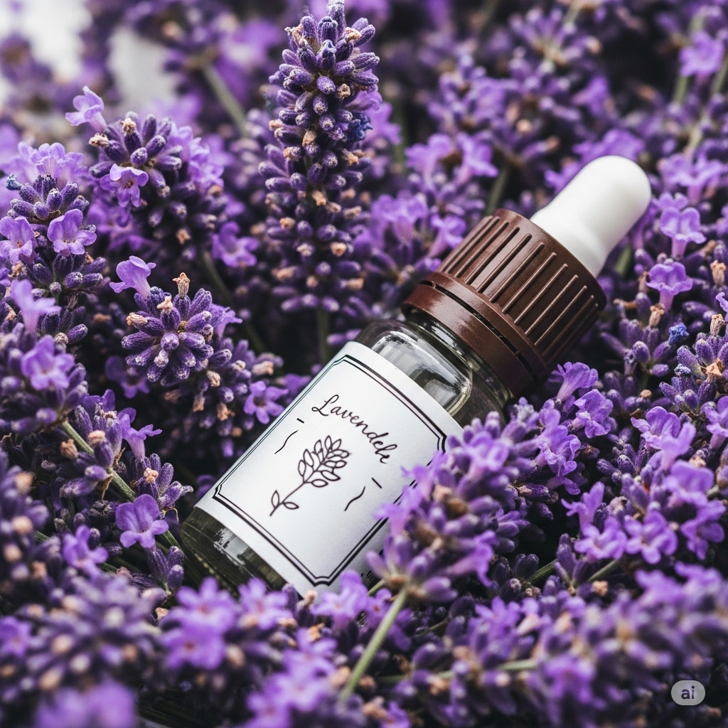 라벤더 꽃과 에센셜 오일 병의 클로즈업 사진