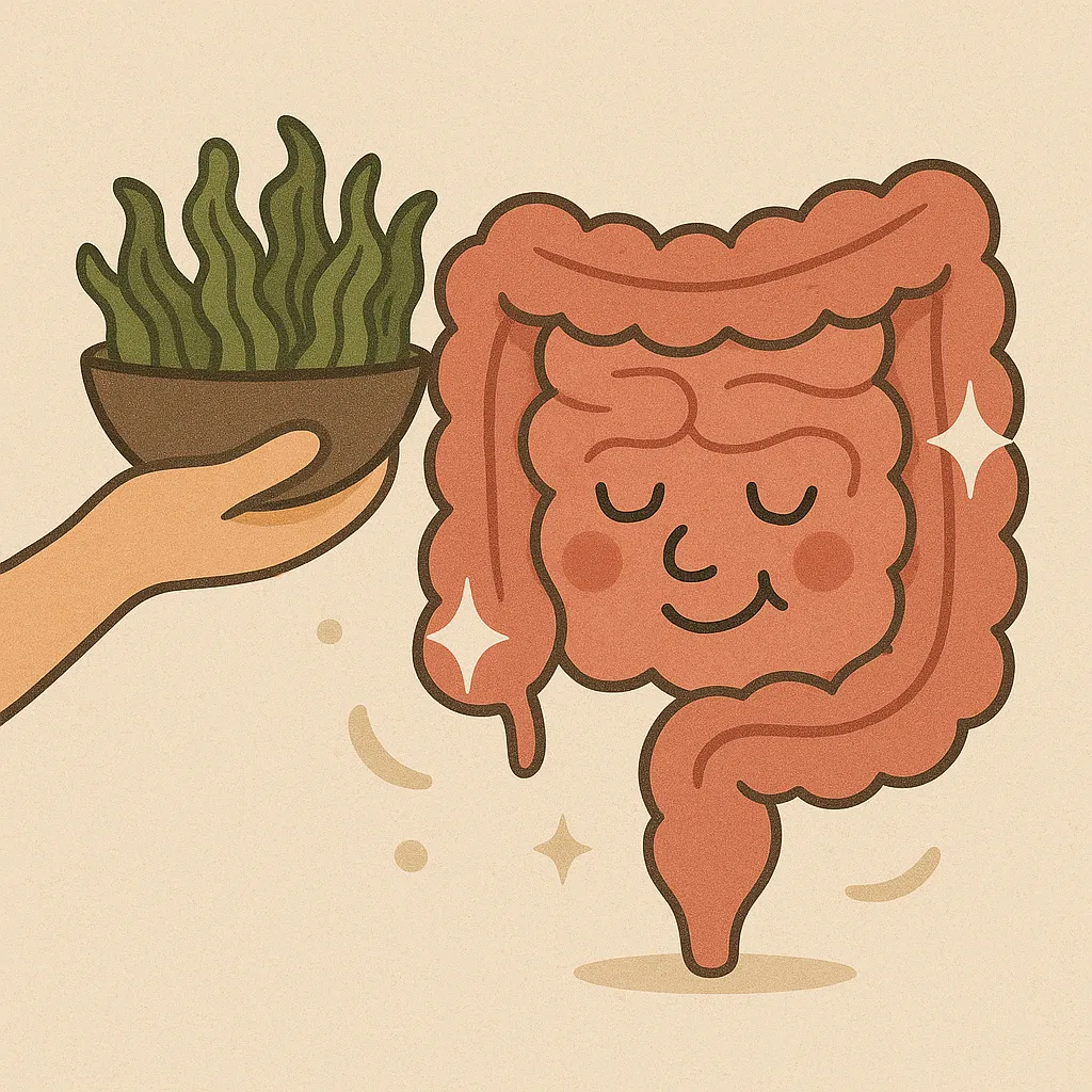 해조류가-변비에-좋은-이유를-표현한-일러스트로,-해조류를-담은-그릇과-건강해진-장-캐릭터가-밝게-웃는-모습을-따뜻한-톤으로-표현함.