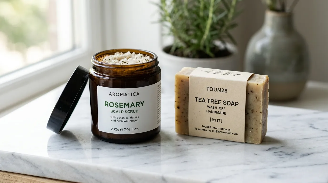 아로마티카 로즈마리 스크럽과 톤28 세안비누를 가까이서 촬영한 모습