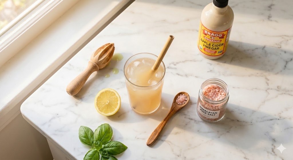 애사비와 핑크솔트, 물을 활용한 건강 루틴 구성과 주의사항을 보여주는 이미지