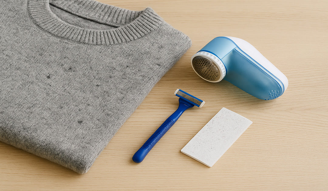 회색스웨터와보풀제거기면도칼벨크로가테이블위에있는사진