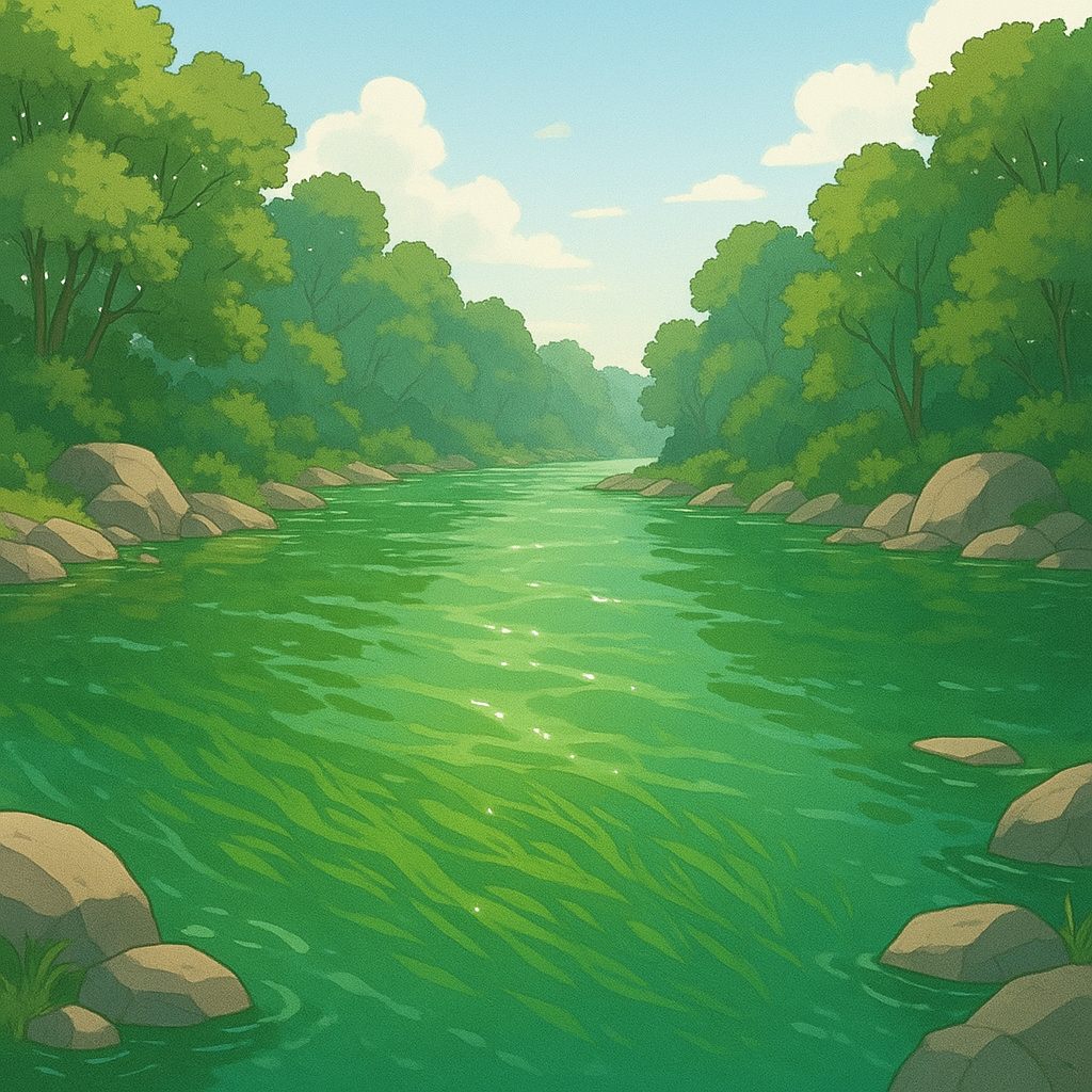 햇빛을-반사하며-초록빛으로-보이는-강물이-숲과-바위에-둘러싸여-흐르는-자연-풍경으로-강물이-녹색으로-보이는-이유를-자연스럽게-표현한-이미지