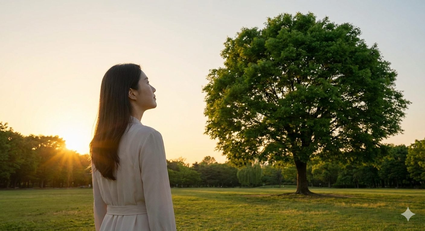 해 질 녘 공원에서 작은 종잣돈이 거대한 자산으로 성장했음을 상징하는 큰 나무를 바라보는 희망찬 뒷모습