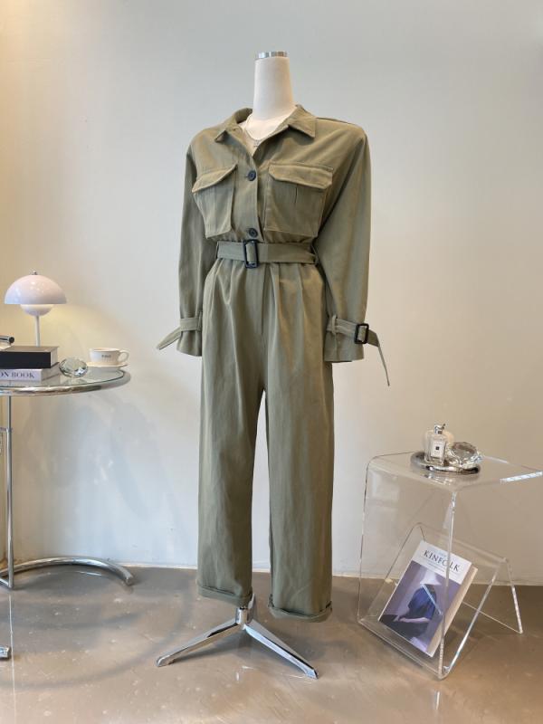 투포켓 슬리브 스트랩 트렌치 카키 점프수트