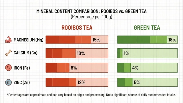 루이보스와 녹차의 주요 미네랄 함량을 비교한 차트