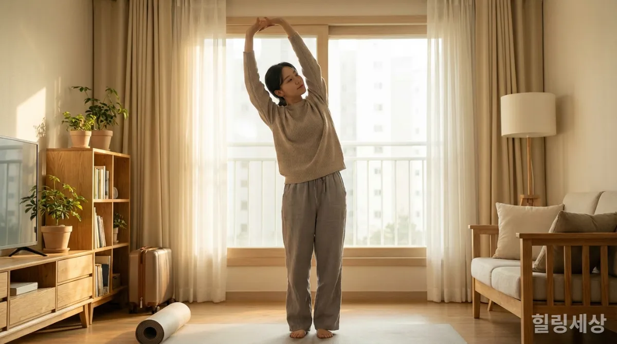 여행 후 집에서 스트레칭하며 피로를 푸는 한국인