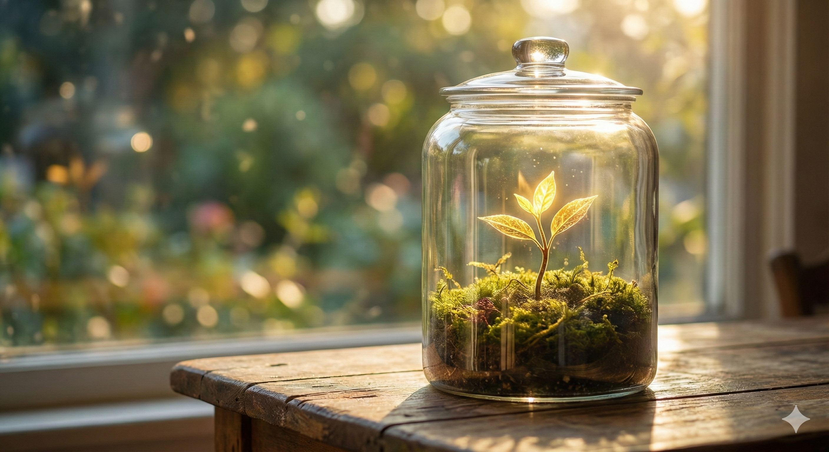 유리병 안에서 안전하게 자라나는 황금빛 나무 묘목, 원금 보장과 수익 성장을 상징하는 예술적 이미지