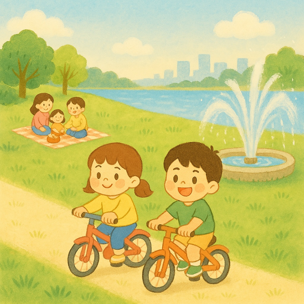 한강공원에서 자전거를 타는 아이들과 피크닉을 즐기는 가족 일러스트(출처: 챗GPT)