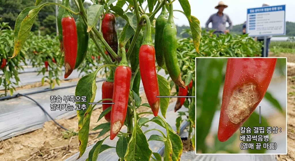 칼슘 결핍으로 열매 끝이 마르는 고추