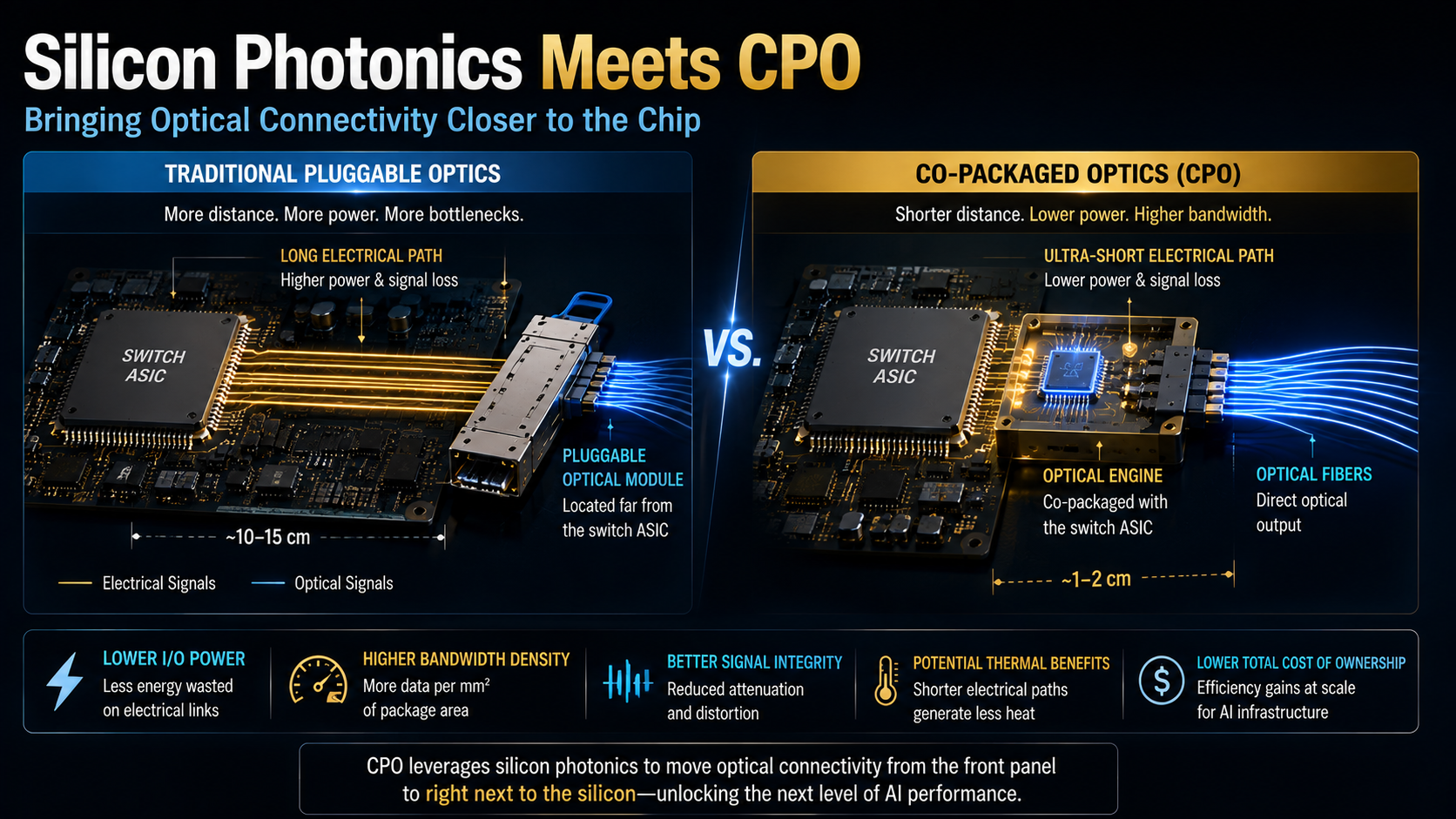 Silicon photonics and co-packaged optics CPO compared with traditional pluggable optical architecture