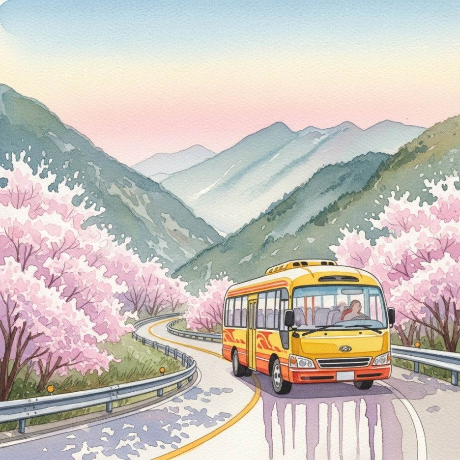 꽃길 사이를 달리는 노란색 셔틀버스