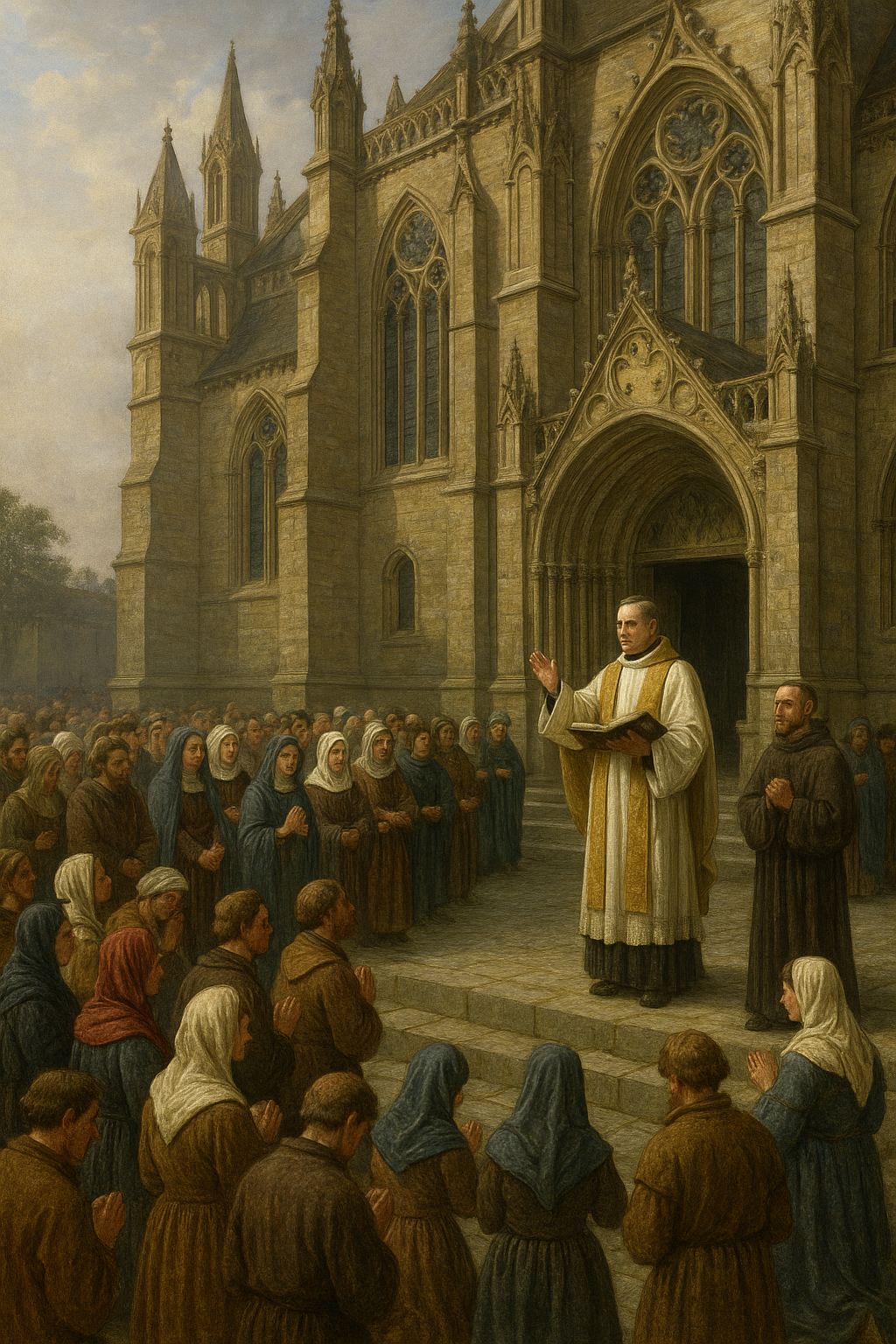 중세 성당 앞 성직자와 시민