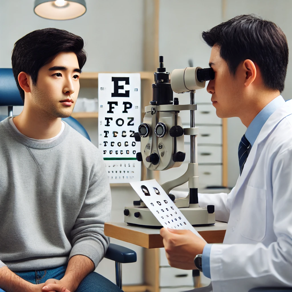 안과에서 시력 검진을 받고 있는 청년