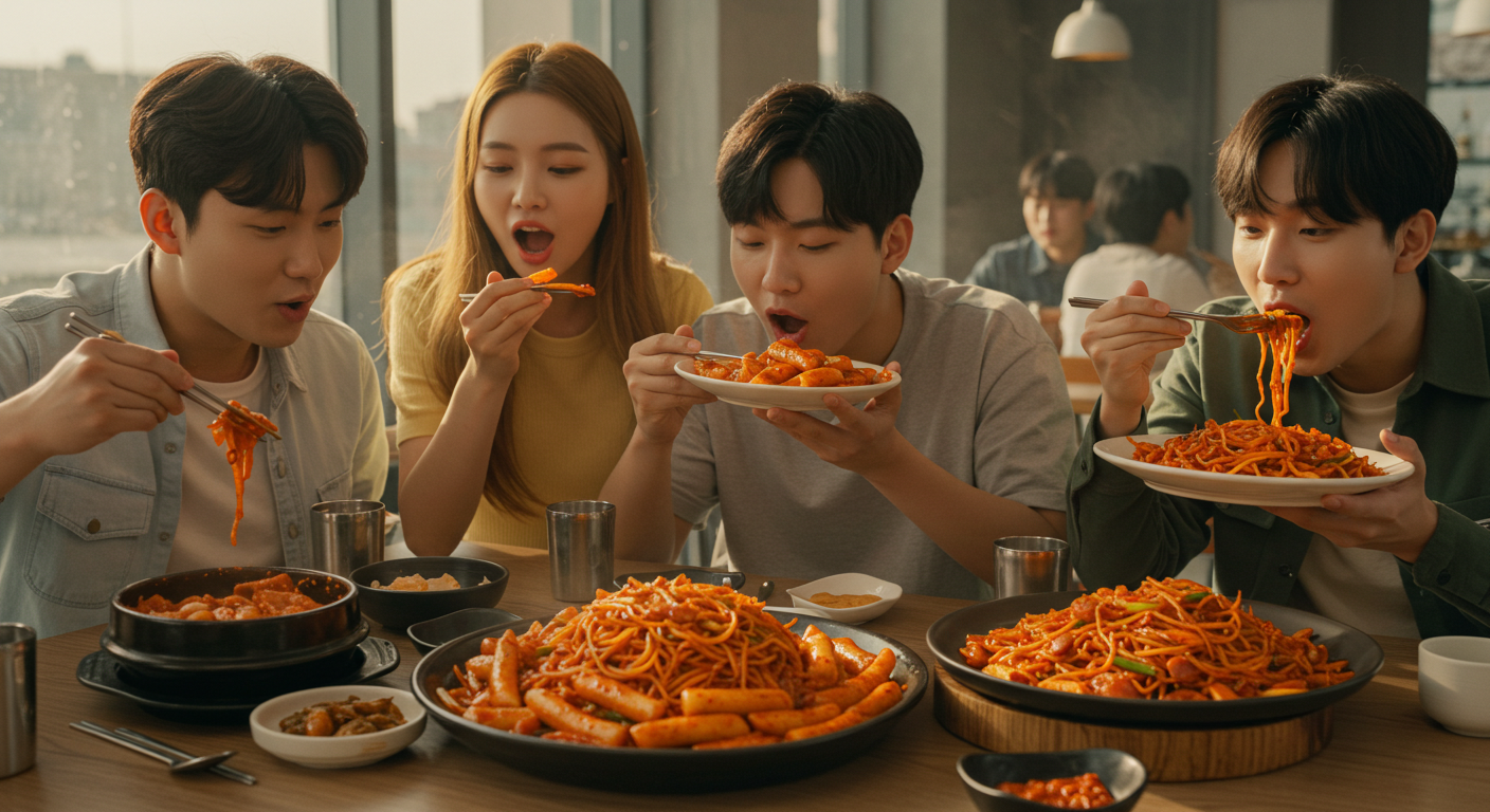 남녀가 메운 음식을 먹고 있는 모습