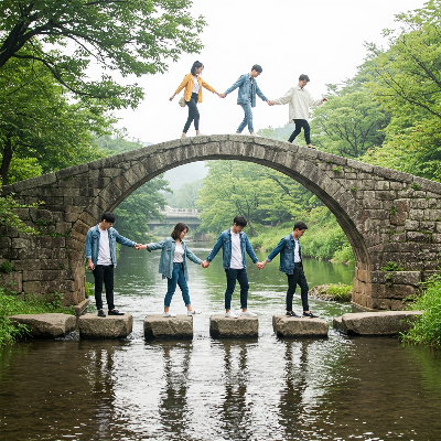 여러 사람이 손을 맞잡고 튼튼한 다리를 건너는 모습,