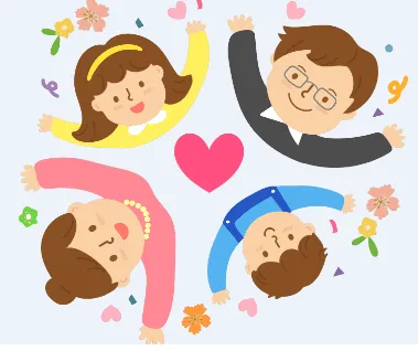 가족 네 명이 다 같이 모여 있는 일러스트
