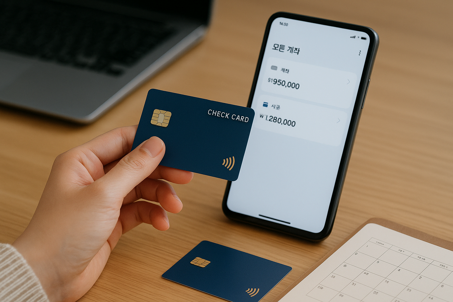 체크카드와 스마트폰 뱅킹 앱 화면