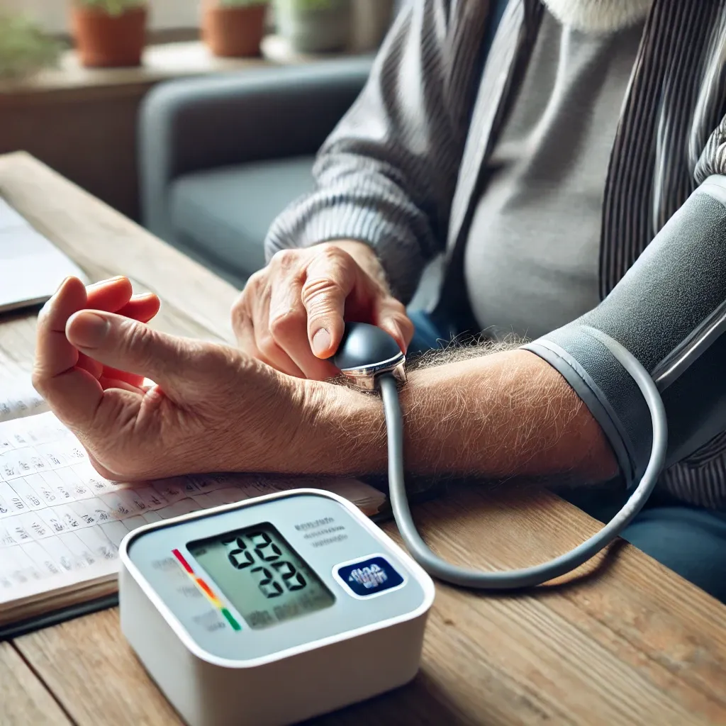집에서 손목에 디지털 혈압계를 착용하고 혈압을 측정하는 노인