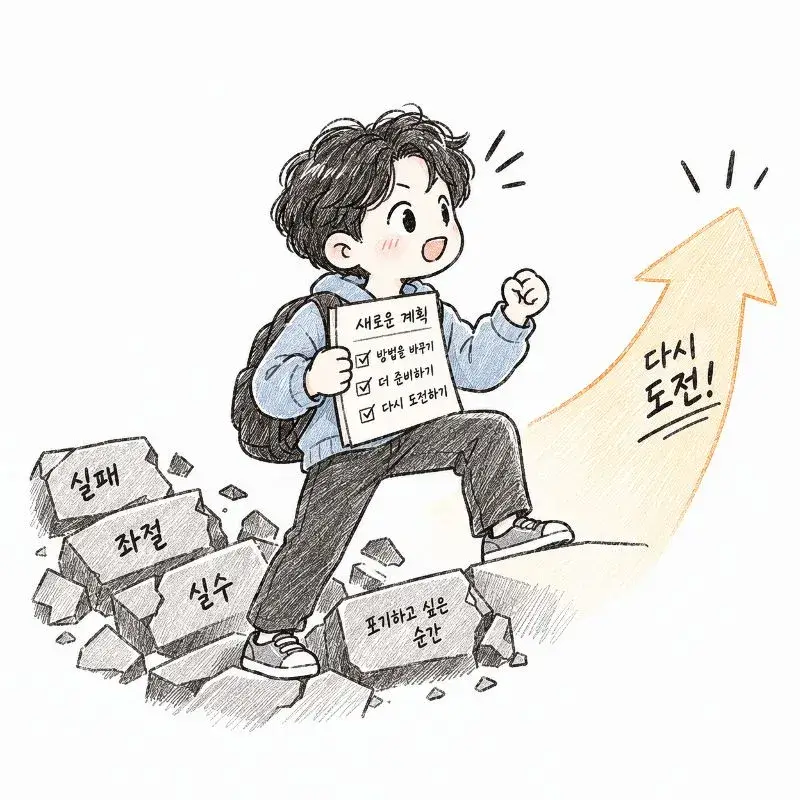 백절불굴의 의미를 표현한 일러스트로, 여러 번의 실패와 좌절을 딛고 수정한 계획을 바탕으로 새로운 방법을 선택해 다시 도전하는 모습을 나타낸 이미지