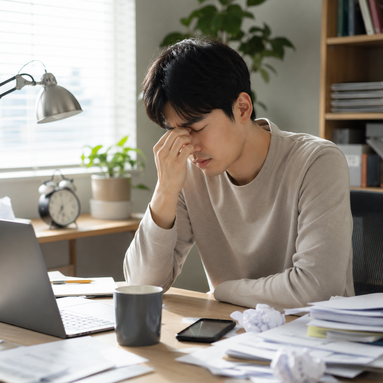 수면 부족과 스트레스로 자도 자도 피곤한 이유를 표현한 이미지